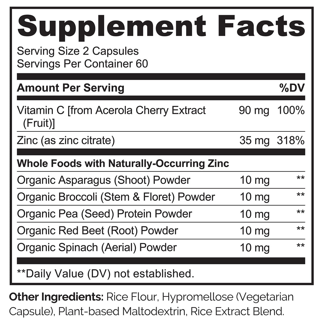 NATURELO Vegan Zinc Immune Support Capsules - Whole Food Complex with Vitamin C for Healthy Skin, Hair, and Nails - 120 Capsules (Pack of 2)