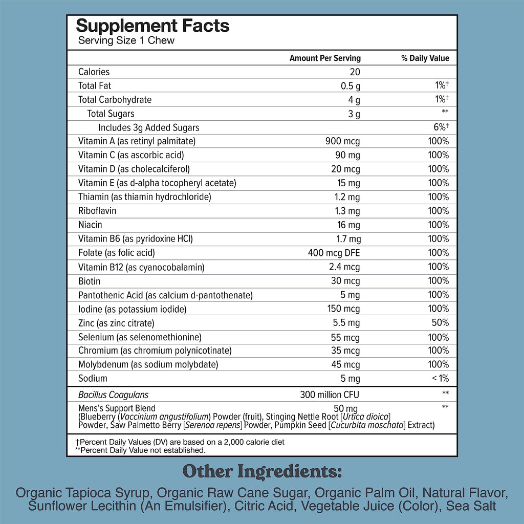 CHEWSY - Men's Multivitamin Chews - Immune and Energy Support, Vitamin A, B12, C, D3, E, Folic Acid, Probiotics, Zinc - 30-Day Supply