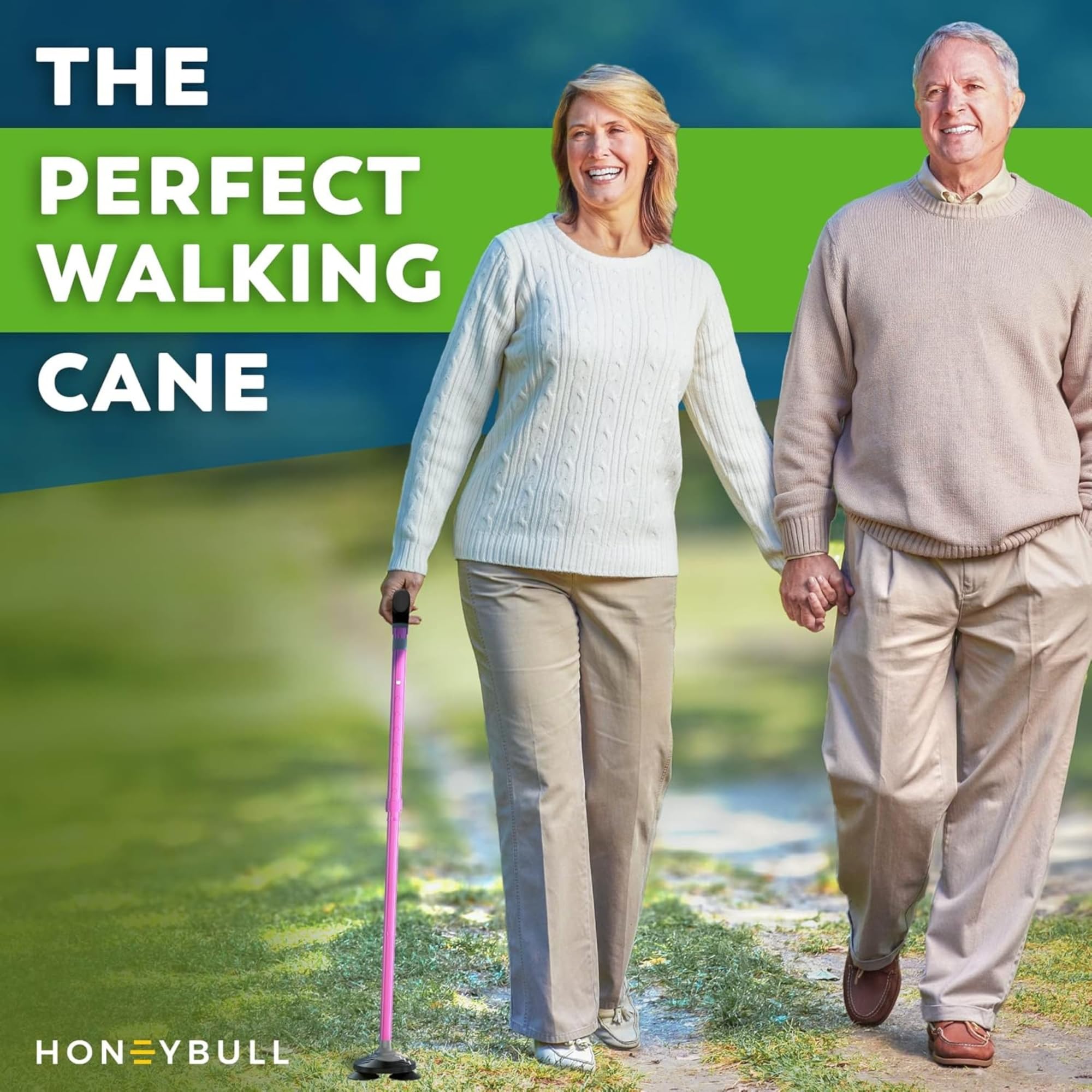 HONEYBULL Walking Cane for Men & Women Foldable, Adjustable, Heavy Duty, Free Standing, All Terrain, Collapsible Walking Sticks for Seniors & Adults