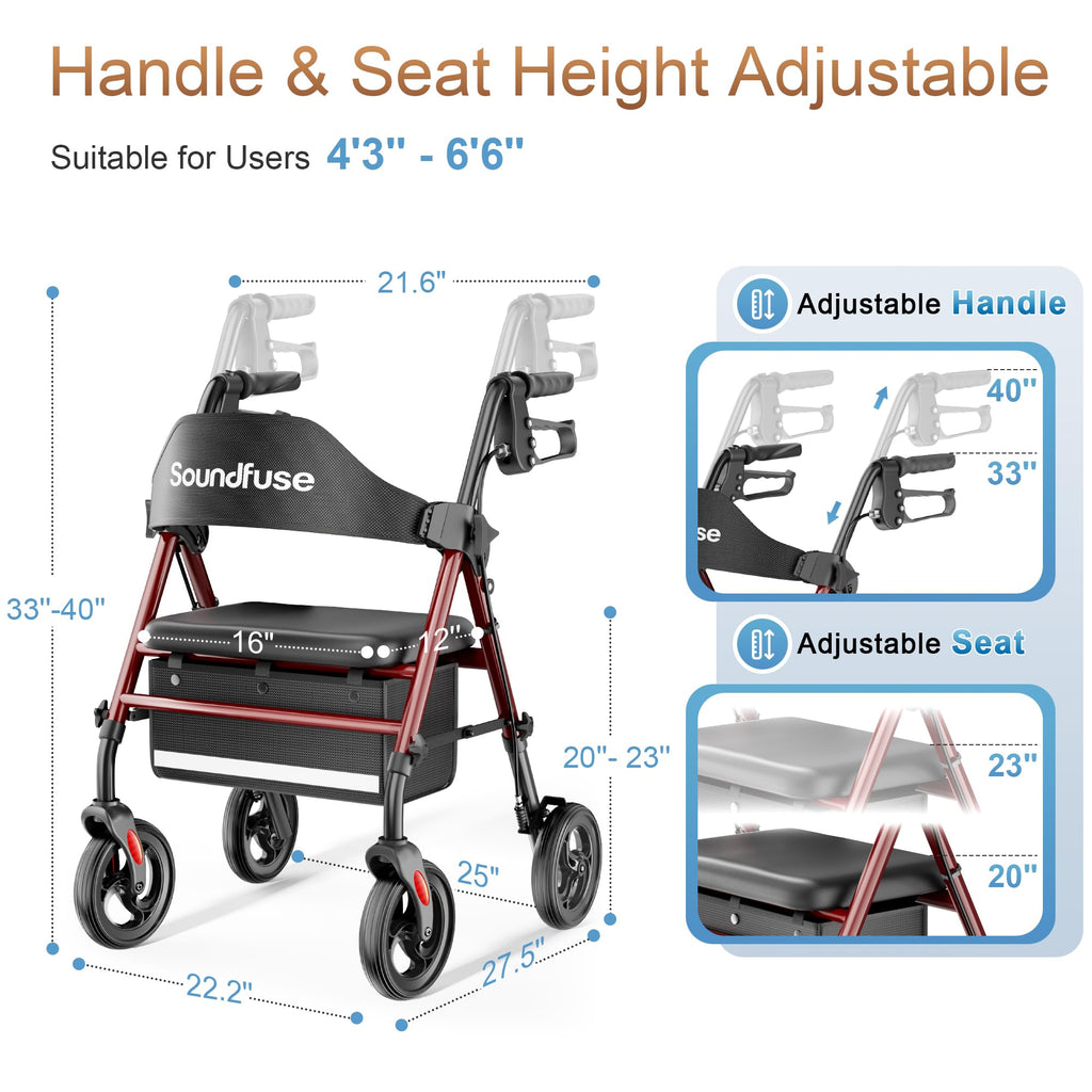 Soundfuse Rollator Walkers with Seat for Seniors, Foldable 8" Big Wheels All Terrain Rolling Walker, Handles and Ergonomic Seat Height Adjustable, 350 lb