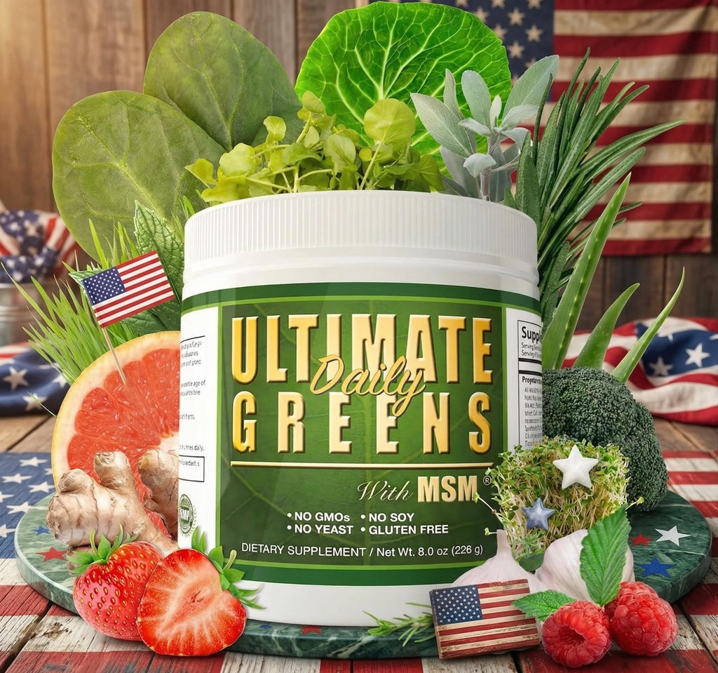 Ultimate Greens with MSM Powder, Vegan Friendly Natural Ingredients Gluten Soy Free NO GMO Superfood Vegetable Nutritional Drink Alkalizing Energy 8oz 6 Pack (6 Month Supply)