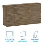 Boardwalk Multifold Disposable Bathroom Paper Hand Towels, 1-Ply, 9 x 9.45, 250 Towels/Pack, 16 Packs/Carton, Natural