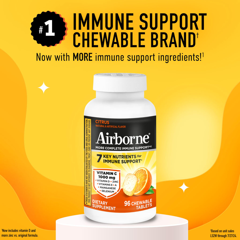 Airborne Vitamin C 1000mg (per Serving) - Citrus Chewable Tablets (96 Count in a Box) - Packaging May Vary