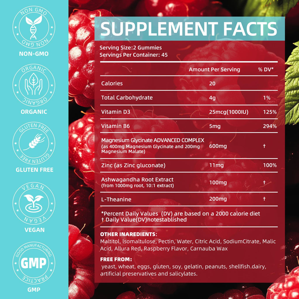 90 Count Magnesium Glycinate Gummies 400 mg - Sugar Free Magnesium Supplement for Adults with Glycinate & Malate, L-Theanine, Ashwagandha, Zinc, Vitamin B6 & D3, Supports Relaxation & Sleep