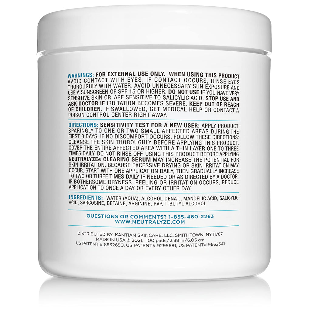 Neutralyze Exfoliating Acne Treatment Wipes - Maximum Strength, Textured Acne Pads with Mandelic Acid & Salicylic Acid for Face & Body - Suitable for All Skin Types, Teens & Adults (100 Wipes)