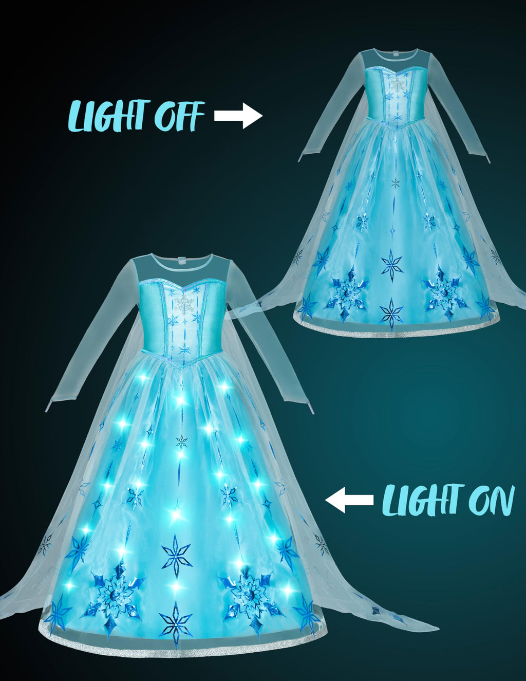 Spooktacular Creations Halloween Girls Ice Princess Dresses, Light-Up Princess Costume for Girls, Sequin Snowflake Long Cape Gown for Birthday, Halloween Dress-Up Party (Small, 5-7 yrs)