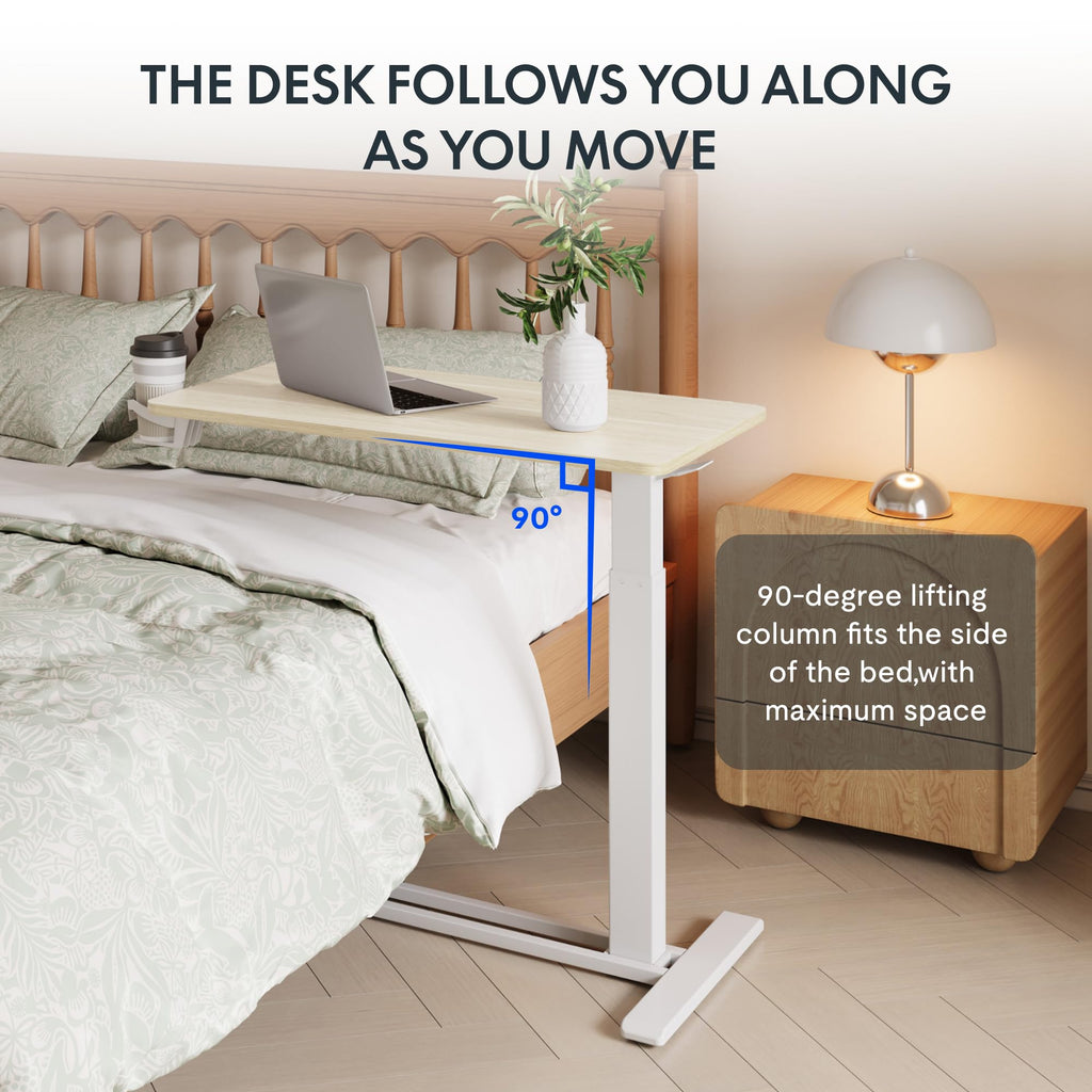 FLEXISPOT H7 Adjustable Overbed Bedside Table with Wheels Pneumatic Mobile Standing Desk Laptop Desk Rolling Computer Cart Movable Overbed Tables Hospital Home Use(27.6" W x 15.7" D, White Wood Grain)