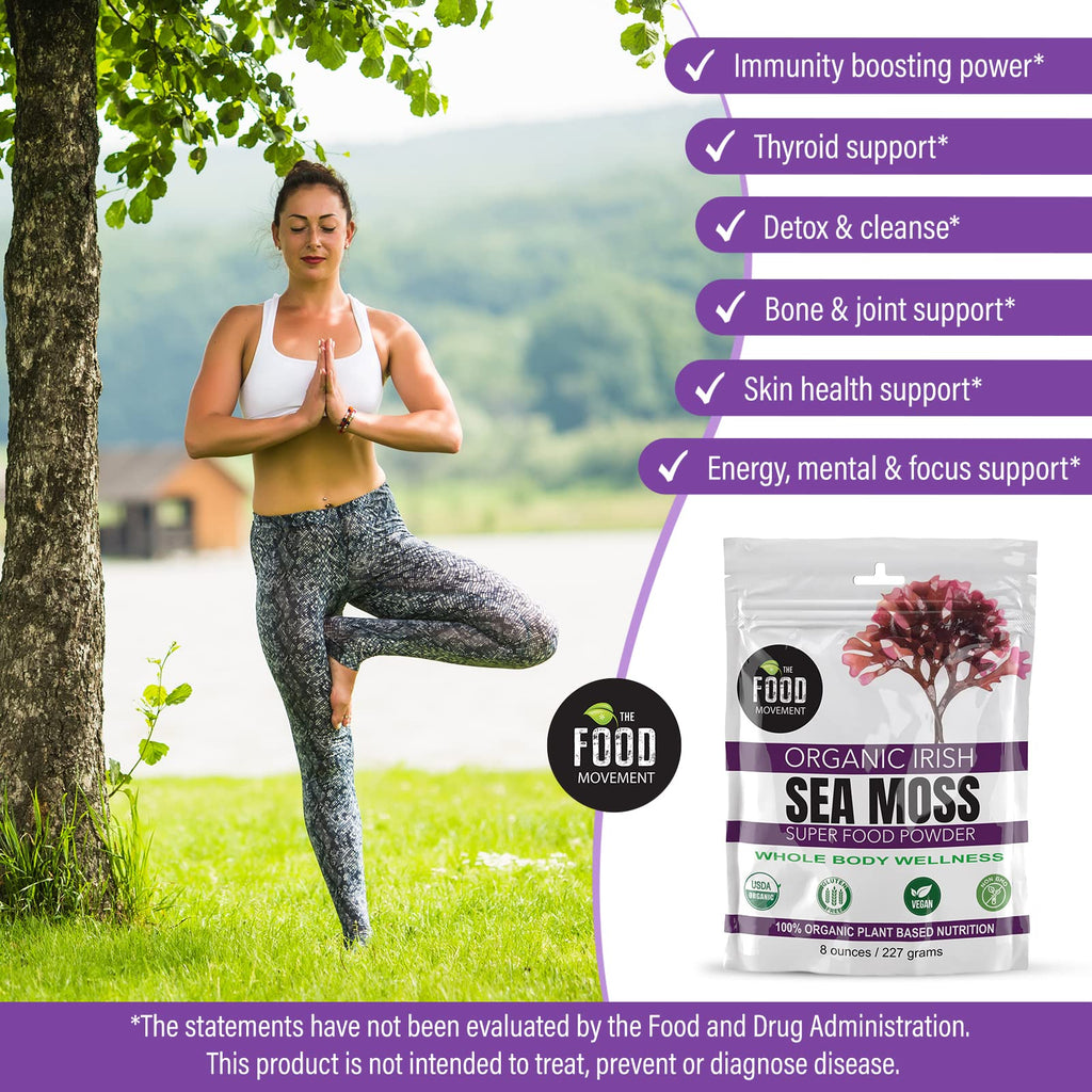 The Food Movement Co. Organic Raw Irish Sea Moss Powder - Mineral Dense Superfood for Cellular Health, Thyroid and Immune Support, Detox - Vegan and Kosher Algae Trace Minerals