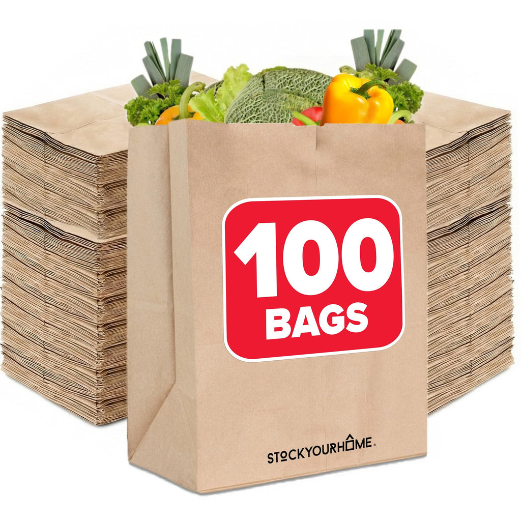Stock Your Home 70 lb Kraft Brown Bags 100 Pack, 17x12x7 Grocery Bags, Heavy Duty Large Brown Bags for Shopping, Takeout, Storage, Trash or Recycling, Bulk Pack.