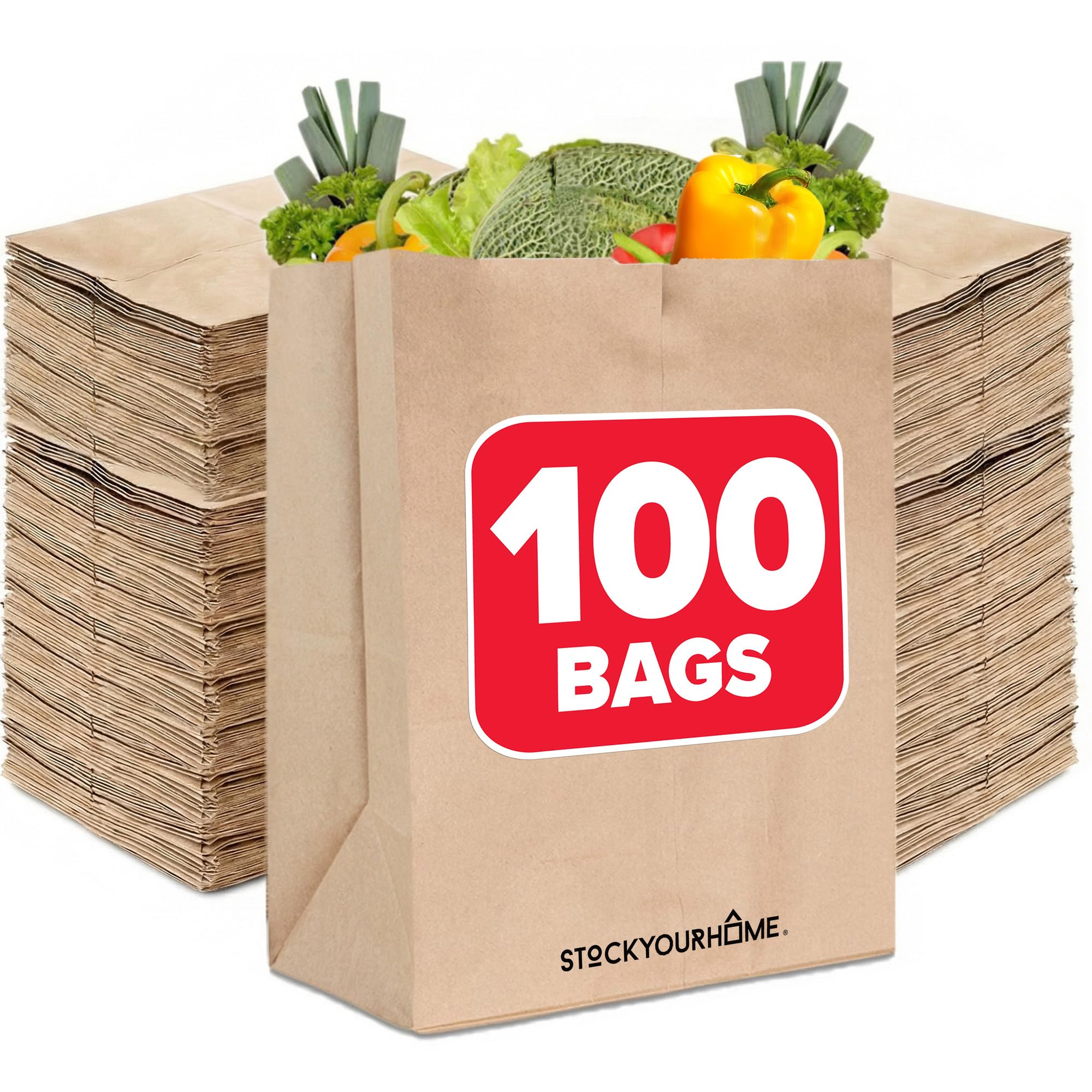 Stock Your Home 70 lb Kraft Brown Bags 100 Pack, 17x12x7 Grocery Bags, Heavy Duty Large Brown Bags for Shopping, Takeout, Storage, Trash or Recycling, Bulk Pack.