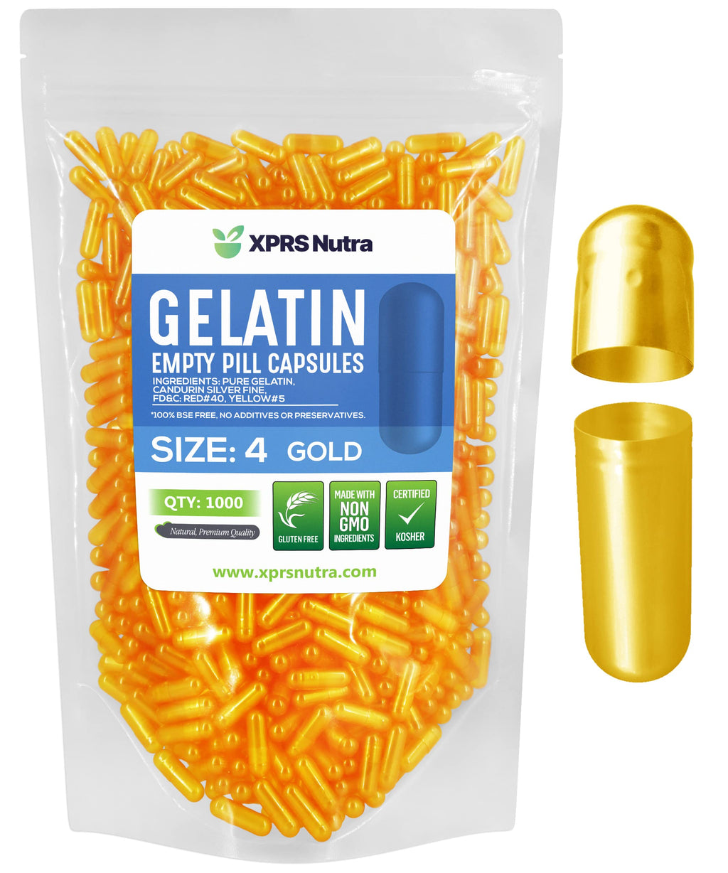 XPRS Nutra Size 4 Empty Capsules - 1000 Count Small Empty Gelatin Capsules - Pills DIY Capsule Filling - Fillable Pure Bovine Pill Gel Caps for Do-It-Yourself Supplements (Gold)