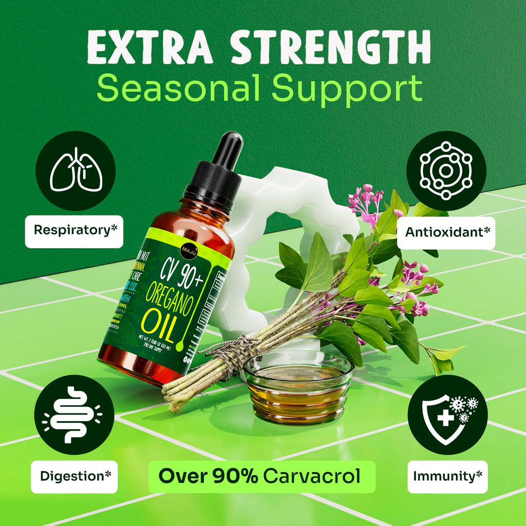 MAJU Oregano Oil Drops - Potent 90%+ Carvacrol (2 fl Oz) Wild Mediterranean Essential Oil of Oregano Liquid, Aceite de Oregano, Immune and Seasonal Support
