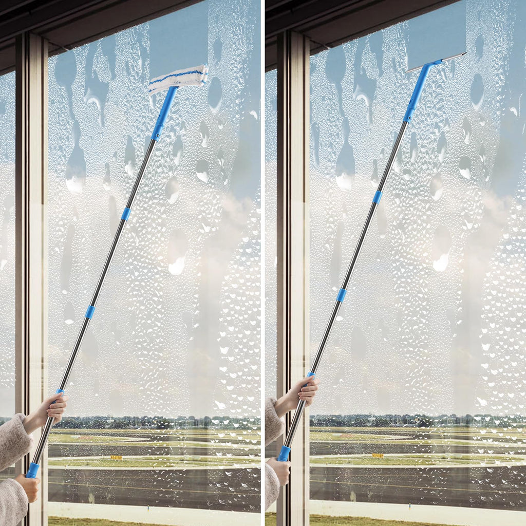 Mitclear Window Cleaner with Long Handle(57IN), Glass Cleaning Tools with Silicone Squeegee & Microfiber Scrubber, Window Cleaning Kit for Shower Glass Mirror Door Car