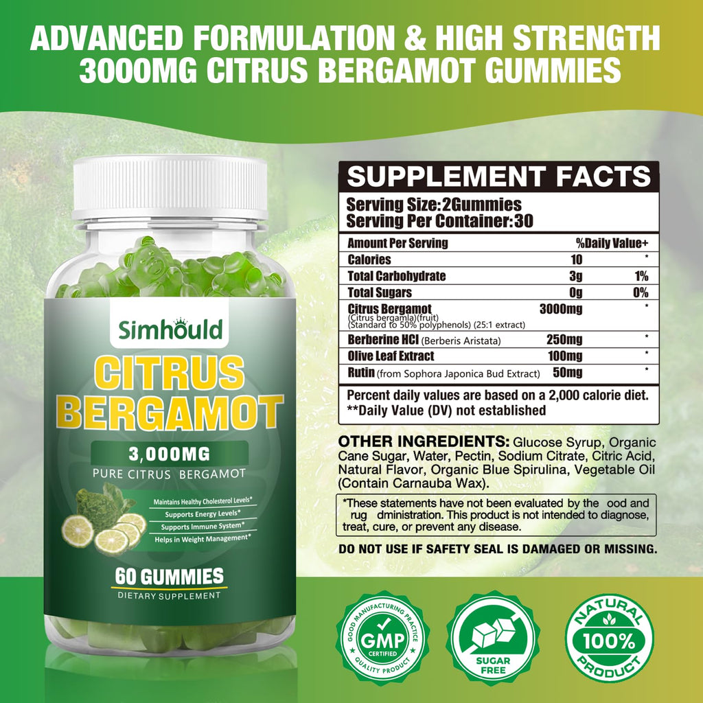 2 Pack Citrus Bergamot Gummies -3000MG Citrus Bergamot Extract Cholesterol Lowering Supplement for lmmune Support Healthy Anti-Aging, Hight Cholesterol Vegan Gummy 120 Counts Lime Flavor