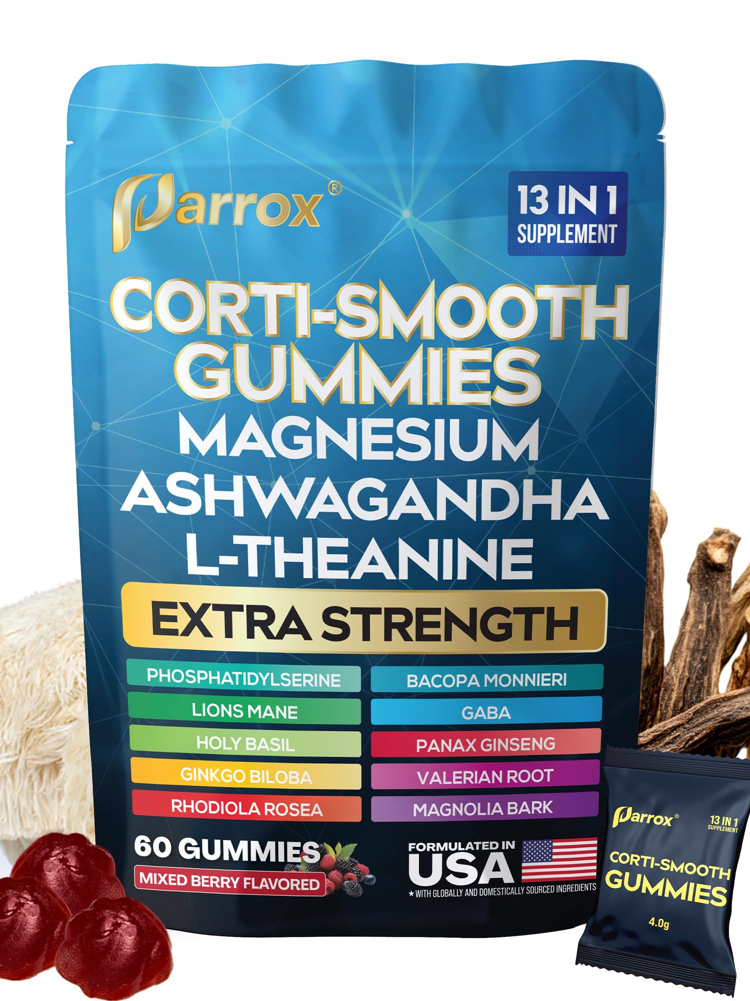 Parrox Corti-Smooth Cortisol Support Gummies with Magnesium, L-Theanine, Ashwagandha, Phosphatidylserine, Bacopa Monnieri, Lions Mane, Ginkgo Biloba, Valerian Root (60 Gummies - Mixed Berry Flavor)