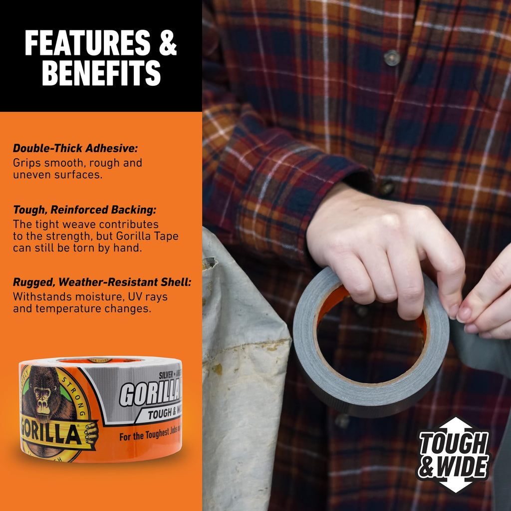 Gorilla Tape Tough & Wide, Silver Tape, 2.88" x 25 yd (Pack of 4) - Heavy Duty and Weather Resistant for Indoor or Outdoor