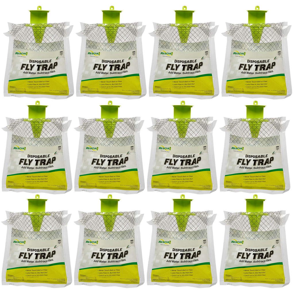 RESCUE! Outdoor Disposable Fly Trap – Hanging Fly Catcher with Attractant Bait, Fly Bag for Patio, Yard, Trash & Farm Areas – Easy-to-Use Outdoor Fly Control - 12 Traps
