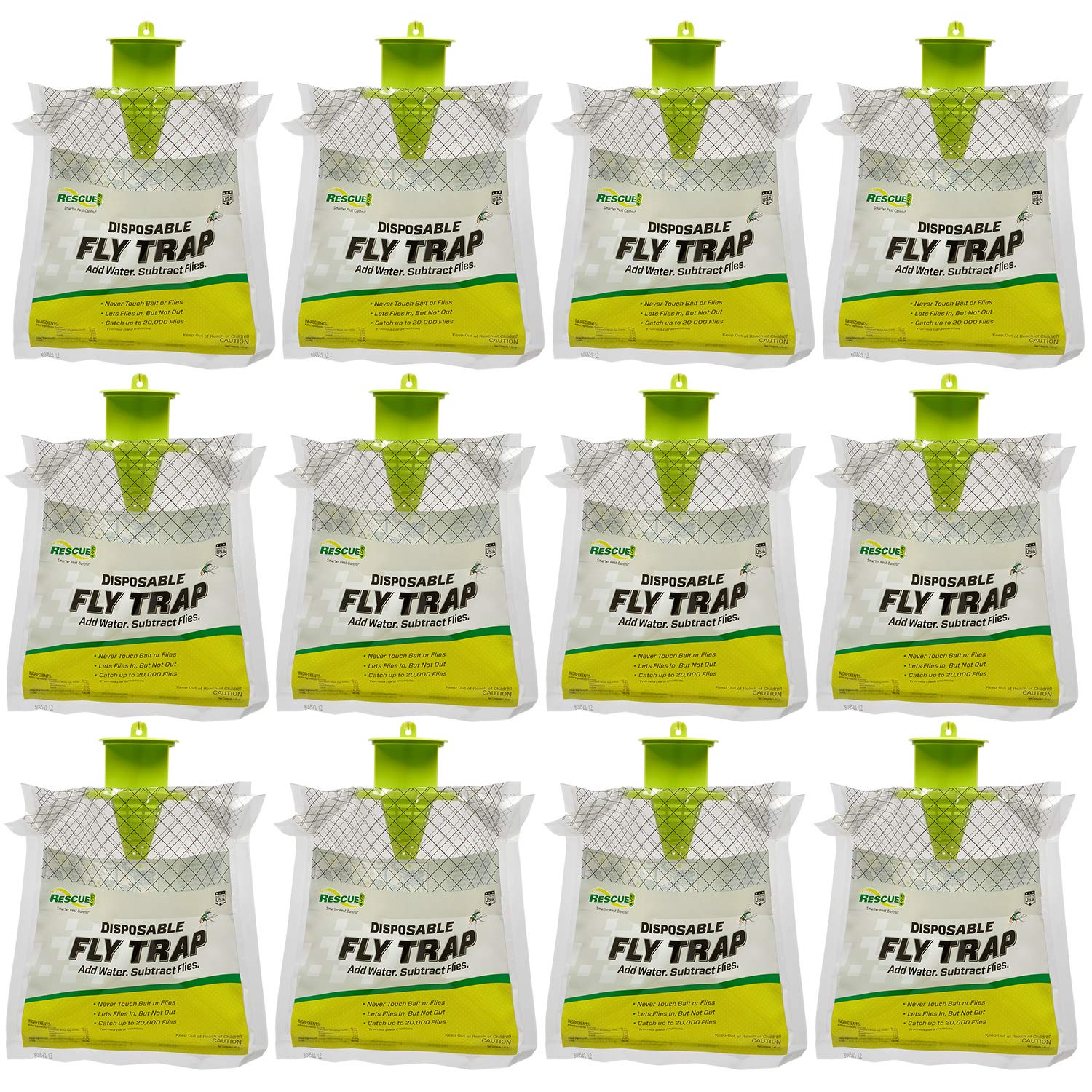 RESCUE! Outdoor Disposable Fly Trap – Hanging Fly Catcher with Attractant Bait, Fly Bag for Patio, Yard, Trash & Farm Areas – Easy-to-Use Outdoor Fly Control - 12 Traps
