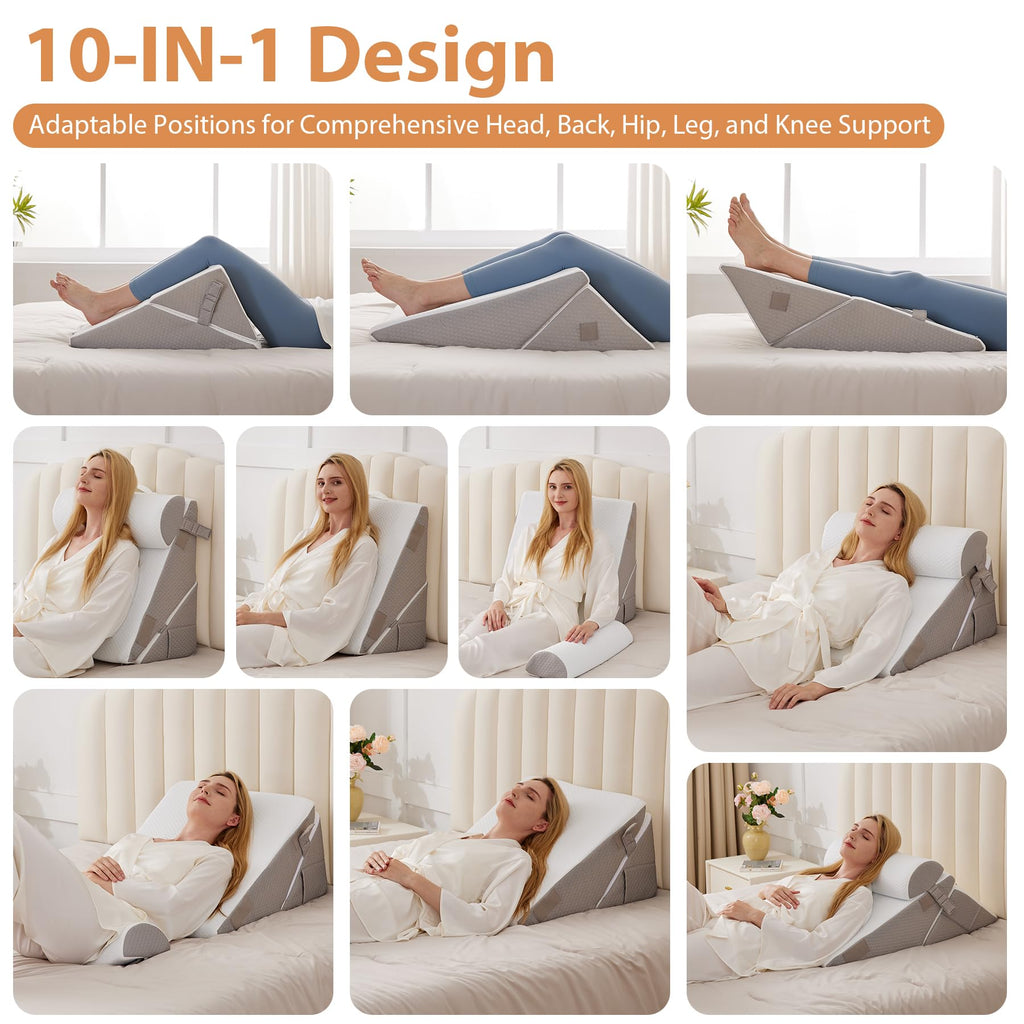 3PCS Wedge Pillow Set for After Surgery, Wedge Pillow for Acid Reflux Relief, Bed Wedge Pillow with Adjustable 9&12inch for Headboard,Sleeping, Orthopedic Memory Foam for Neck&Back Support, White/Grey