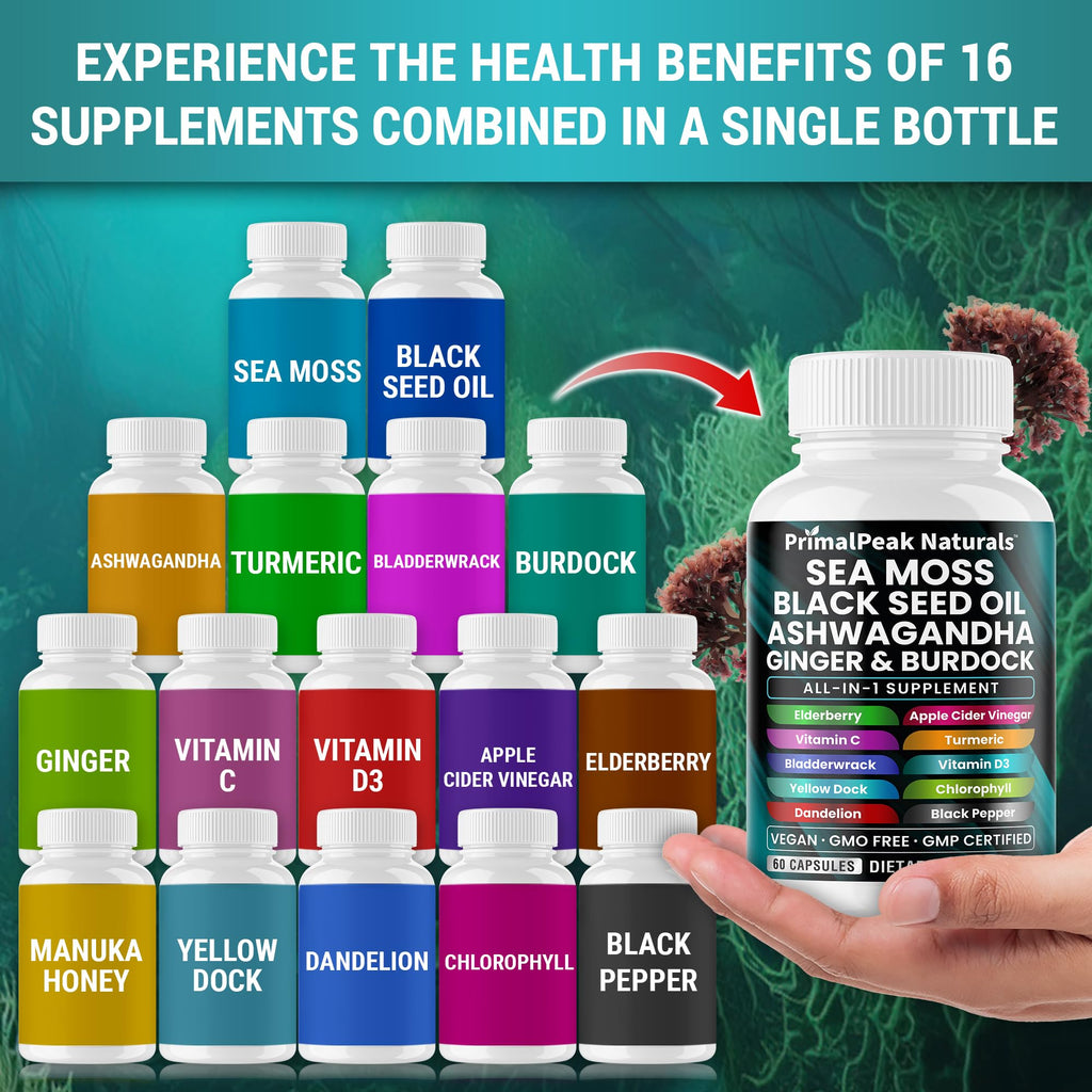 PrimalPeak Naturals Sea Moss Black Seed Oil Ashwagandha Ginger Burdock Bladderwrack Turmeric & Vitamin C Vitamin D3 with ACV Elderberry Chlorophyll Dandelion Yellow Dock Vegan Capsules - 120 Count