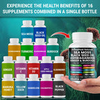 PrimalPeak Naturals Sea Moss Black Seed Oil Ashwagandha Ginger Burdock Bladderwrack Turmeric & Vitamin C Vitamin D3 with ACV Elderberry Chlorophyll Dandelion Yellow Dock Vegan Capsules - 120 Count