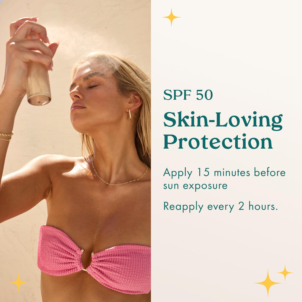 Kopari Sunglaze Sheer Setting Mist Sunscreen SPF 50, Weightless, Fast Drying, Ultra-Fine Setting Spray, Made With Hyaluronic Acid, Sets Makeup For A Hydrated, Dewy Finish, 2.53 fl oz