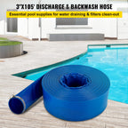 VEVOR Discharge Hose, 3' x 105', PVC Lay Flat Hose, Heavy Duty Backwash Drain Hose with Clamps, Weather-proof & Burst-proof, Ideal for Swimming Pool & Water Transfer, Blue