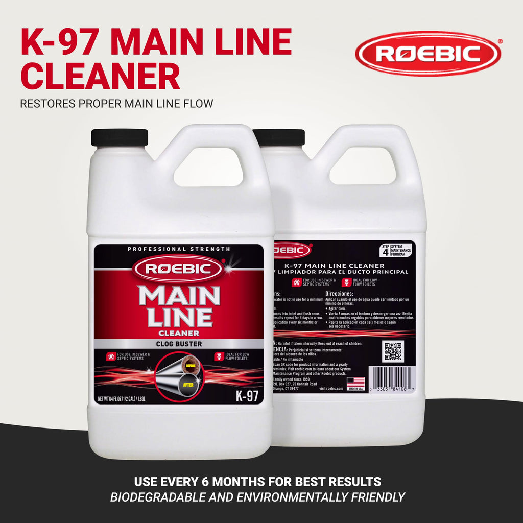 Roebic K-97 Liquid Main Line Cleaner with Bacteria Enzymes, Eliminates Organic Buildup in Sewer/Septic System and Protects from Clogs, Safe for Bathroom Toilet, 64 fl oz
