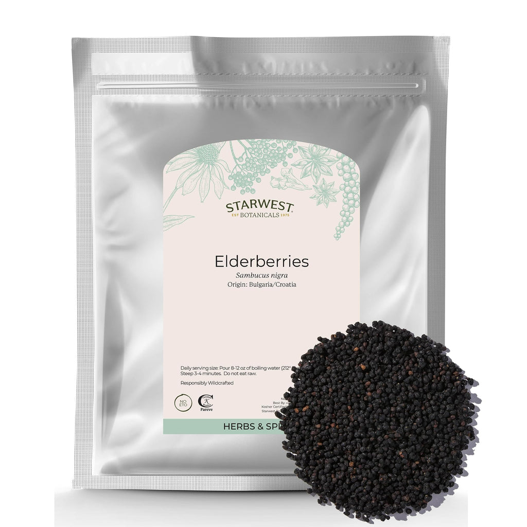 Starwest Botanicals Whole Elderberries - Dried Elderberries for Syrup, Tea, Gummies, & Jam, Certified Kosher, Wildcrafted Natural Berries - Bulk 1 lb Bag