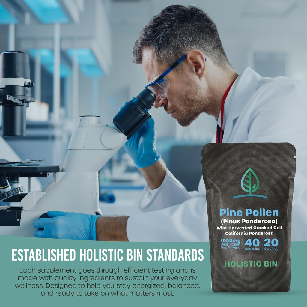 Holistic Bin Pine Pollen Capsules 500mg (Pinus Ponderosa) - Wild Harvested California Ponderosa Pine Pollen Powder - Olympic Grade - Organic, Non-GMO, No Fillers - 30 Day Supply (40 Capsules)