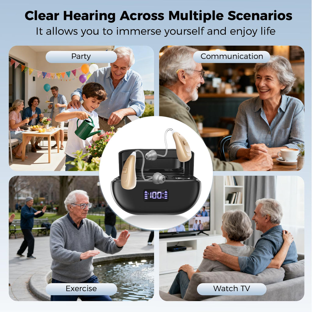 NVBOTY OTC Hearing Aids for Seniors & Adults - Rechargeable, 25+ Hour Battery Life, Advanced Noise Cancellation, 5-Level Volume & Memory, Clear Sound, Comfort-Fit, LED Display (Black)