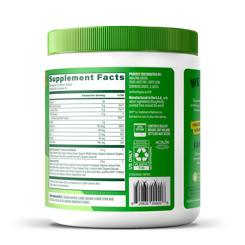 Amazing Grass Super Greens Powder Digest, Organic Greens Blend Smoothie Mix, Digestion Support, Spirulina, Chlorella, Probiotic Drink Mix, Pineapple Guava, 30 Servings, 7.4 Ounce (Packaging May Vary)