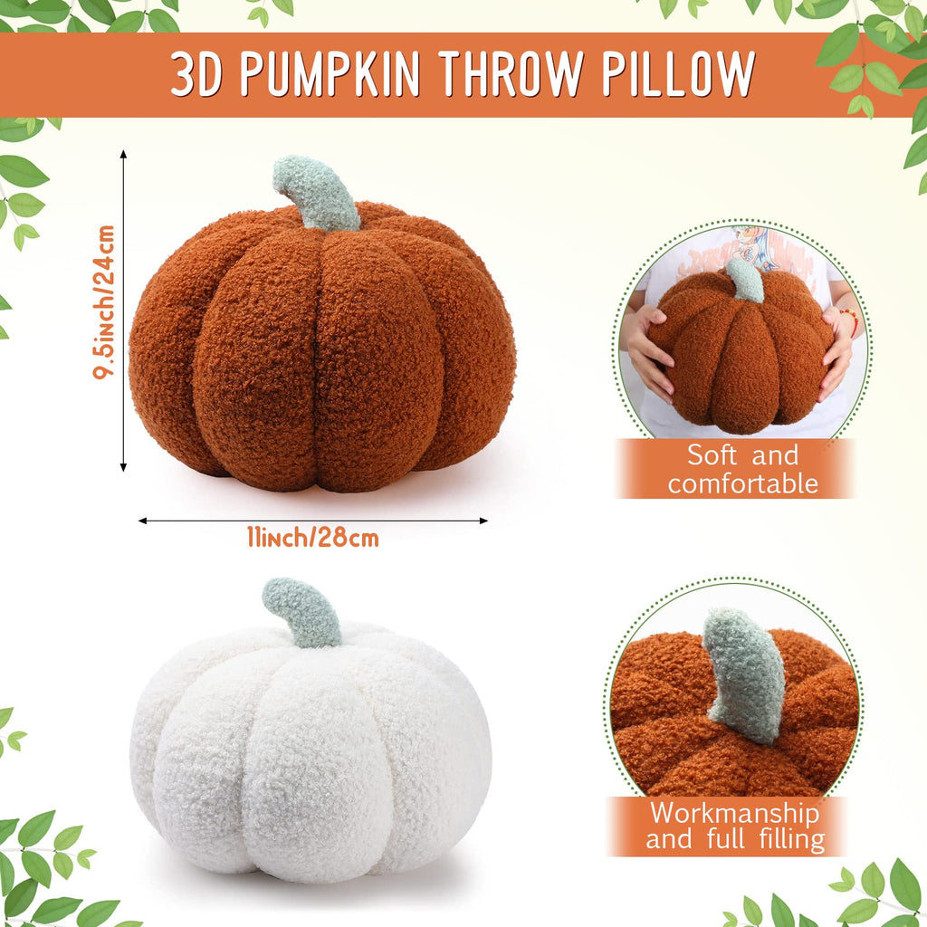 Kajaia 2 Pcs 3D Pumpkin Pillow Fall Decor Halloween Cushions, White, Brown