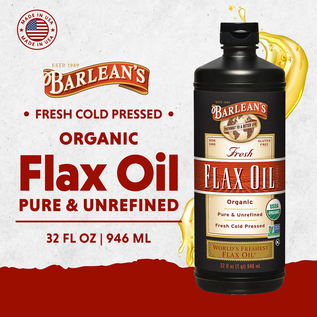 Barlean's Organic Flaxseed Oil Liquid Supplement, Cold Pressed, 7,640mg ALA Omega-3 per Tbsp, Vegan and Gluten Free, 32 oz