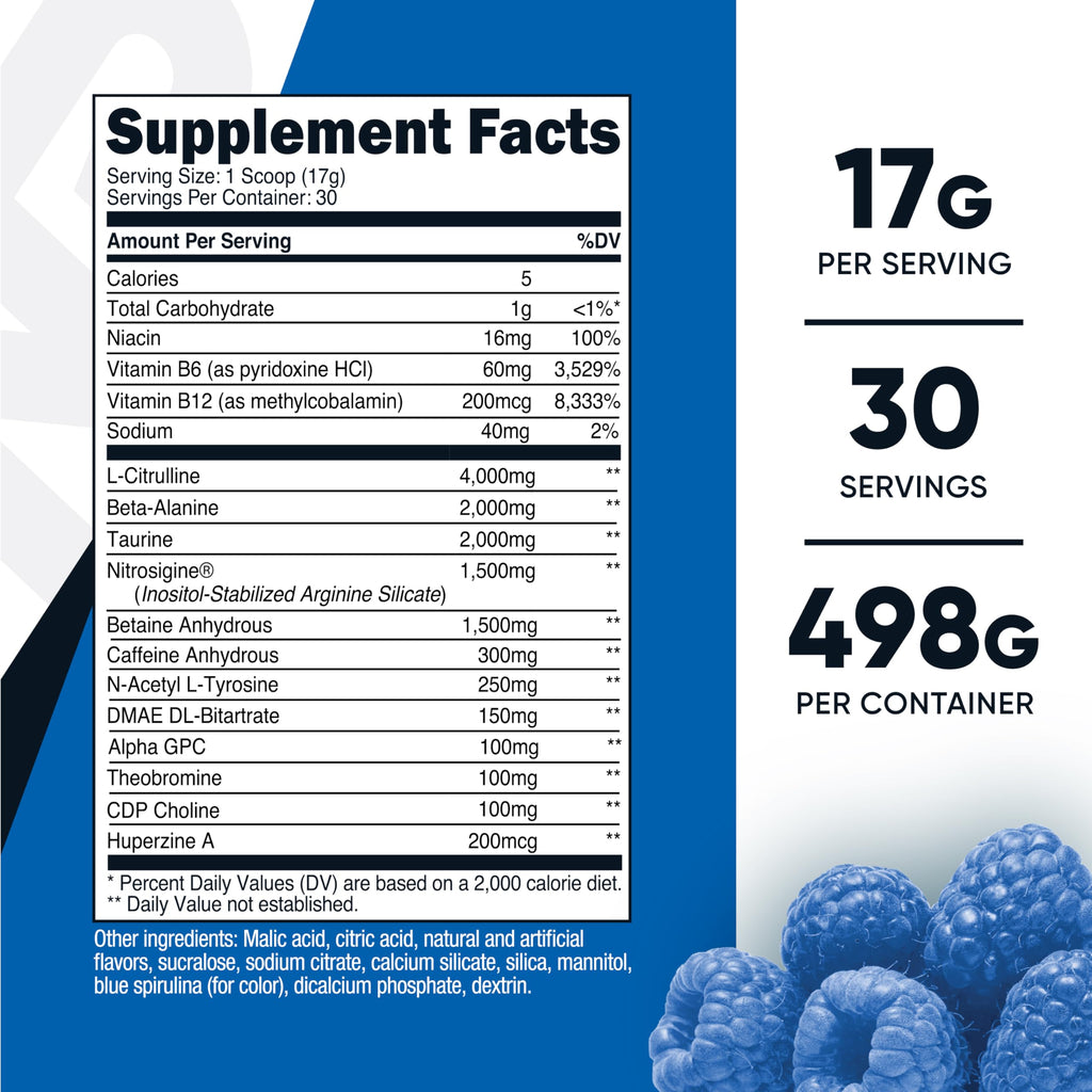 Nutricost Pre-X Xtreme Pre-Workout Powder Complex, Blue Raspberry, 30 Servings, Vegetarian, Non-GMO and Gluten Free