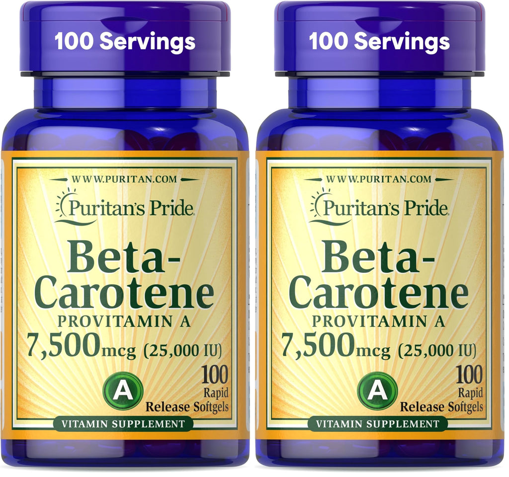 Puritan's Pride Beta Carotene Provitamin A 7,500mcg (25,000 IU), Vitamin Supplement for Immune System, Antioxidant and Eye Health Support, 100 Day Supply, 100 Rapid Release Softgels (Pack of 2)