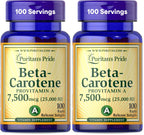 Puritan's Pride Beta Carotene Provitamin A 7,500mcg (25,000 IU), Vitamin Supplement for Immune System, Antioxidant and Eye Health Support, 100 Day Supply, 100 Rapid Release Softgels (Pack of 2)