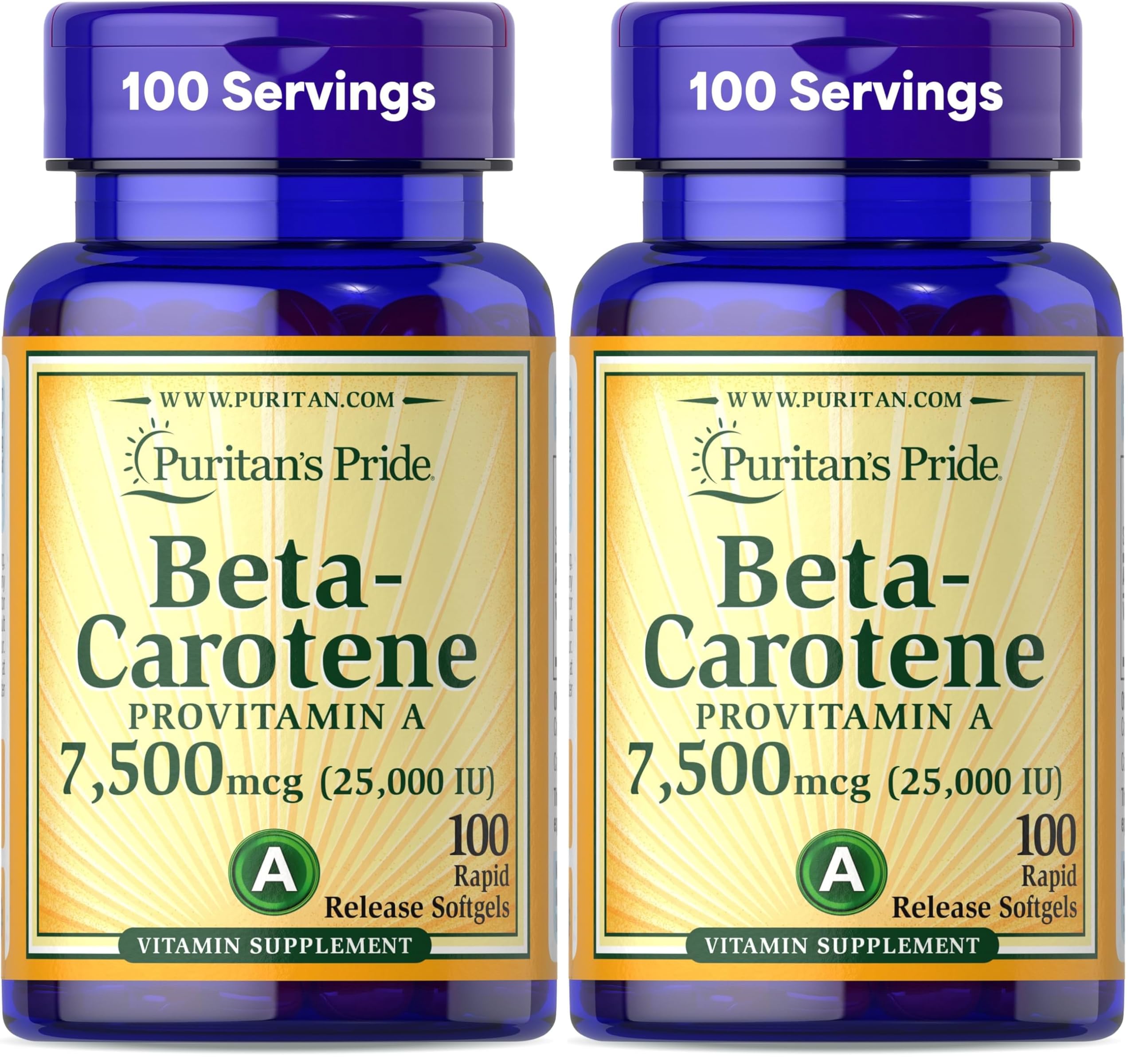 Puritan's Pride Beta Carotene Provitamin A 7,500mcg (25,000 IU), Vitamin Supplement for Immune System, Antioxidant and Eye Health Support, 100 Day Supply, 100 Rapid Release Softgels (Pack of 2)