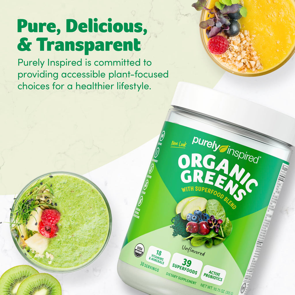 Purely Inspired Organic Greens Powder Superfood Smoothie Mix, Unflavored (30 Servings) - Super Greens with Probiotics, Spirulina & Chlorella for Gut & Digestive Health - Vegan