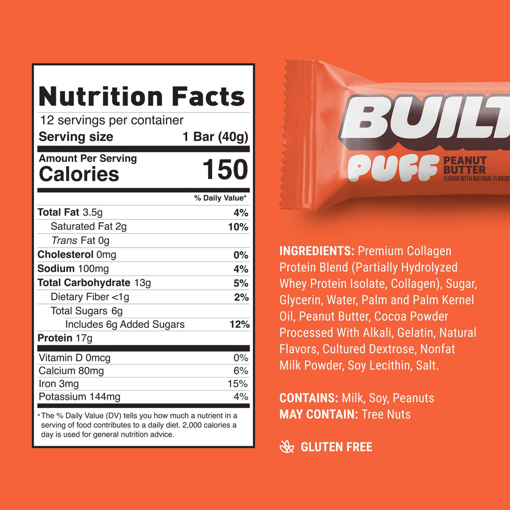 Built Puffs Bars, 12 Count Protein Bar - High Protein Energy Bars, Collagen, Gluten Free, Chocolate Covered, Low Carb, Low Calorie, Low Sugar, Delicious Protein, Healthy Snack (Peanut Butter)