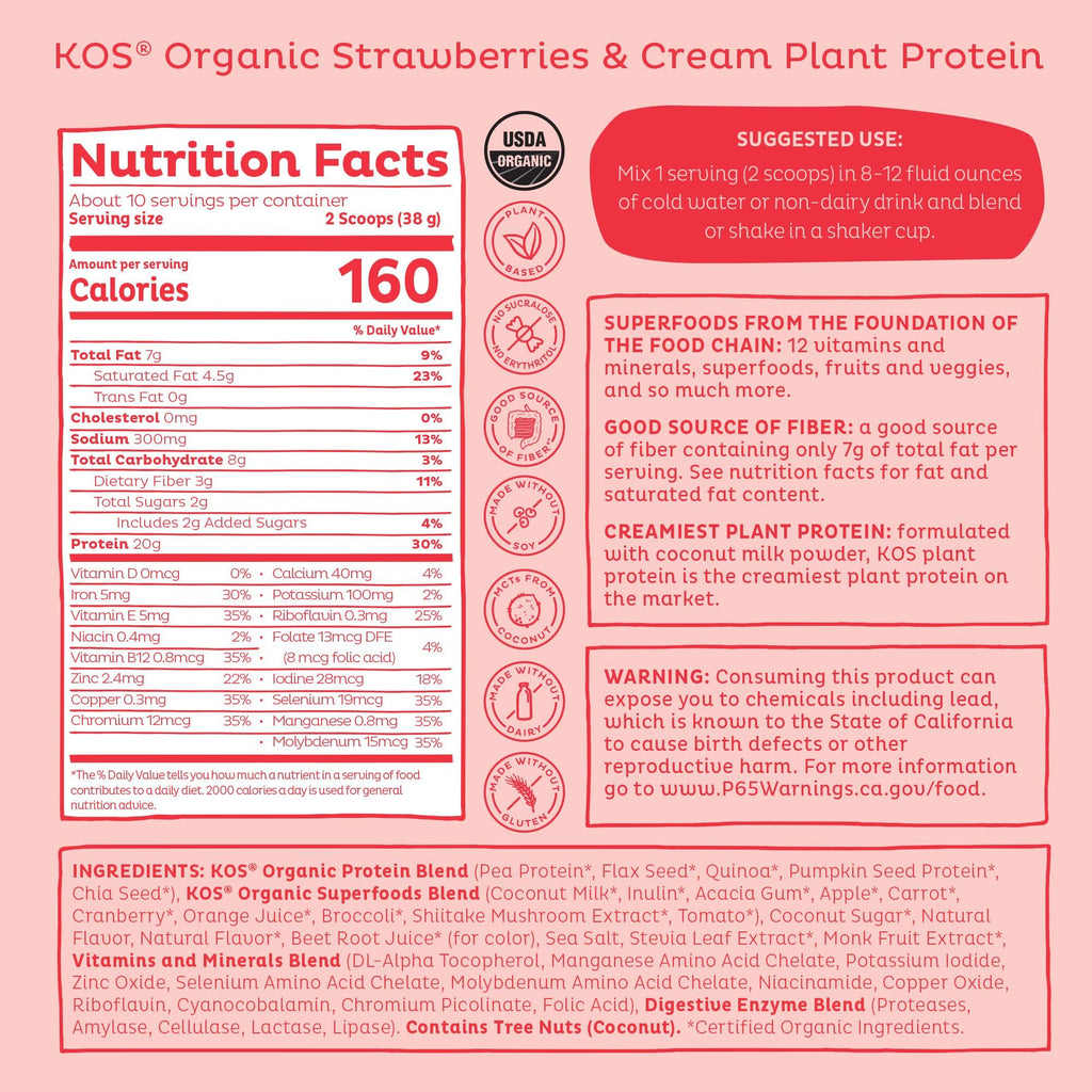 KOS Vegan Protein Powder, Strawberries & Cream USDA Organic - Low Carb Pea Protein Blend, Plant Based Superfood with Vitamins & Minerals, Gluten Free - Meal Replacement for Women & Men - 10 Servings