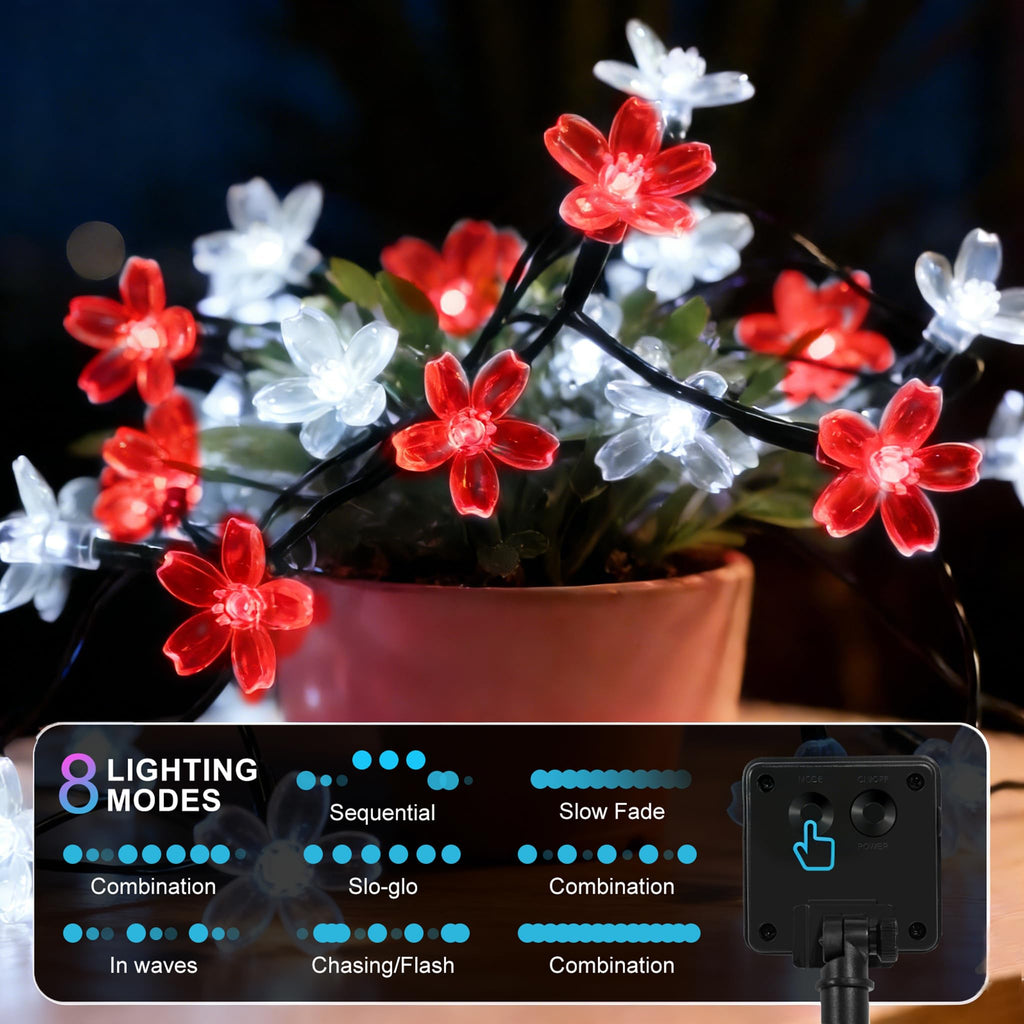 Vruxuri 2 Pack Total 52FT 120 LED Solar String Lights Outdoor Waterproof Flower Fairy Lights for Garden Fence Patio Yard Christmas Tree Lawn Wedding Party Decor, Red and Pure White