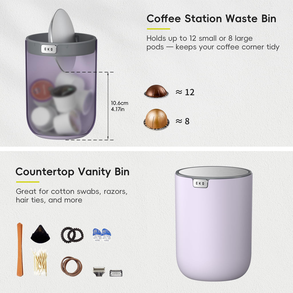 EKO Fandy 0.4 Gal/1.5L Mini Tabletop Trash Bin with Swing-Lid, Desktop Trash Can for Bathroom Countertop, Vanity, Coffee or Office, Small Garbage Bin (Lavender)