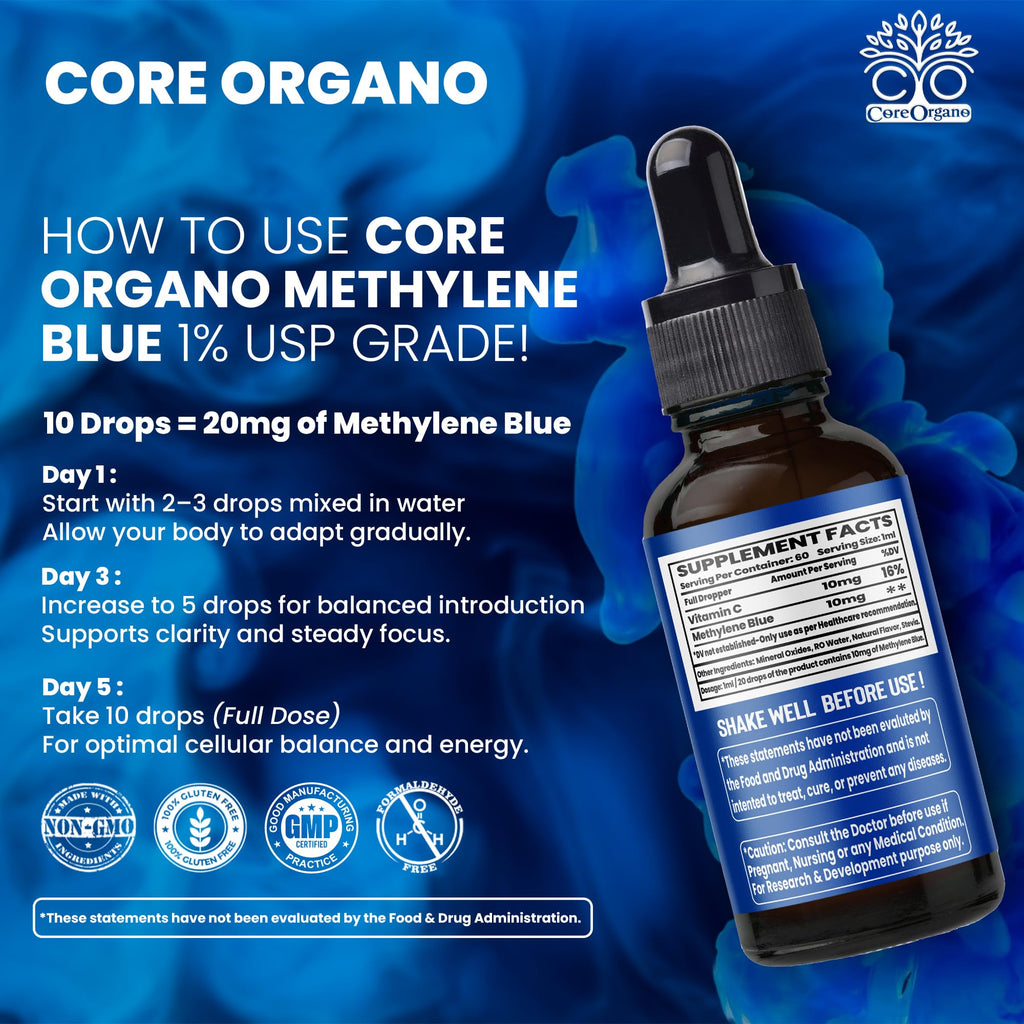Core Organo Ultra-Pure & Premium 1% Methylene Blue Drops – 3rd Party Lab Tested, 99.9% Purity, Formaldehyde & Alcohol-Free, Pharmaceutical Grade Methylene Blue Drops – 60ml (2.02 fl oz)