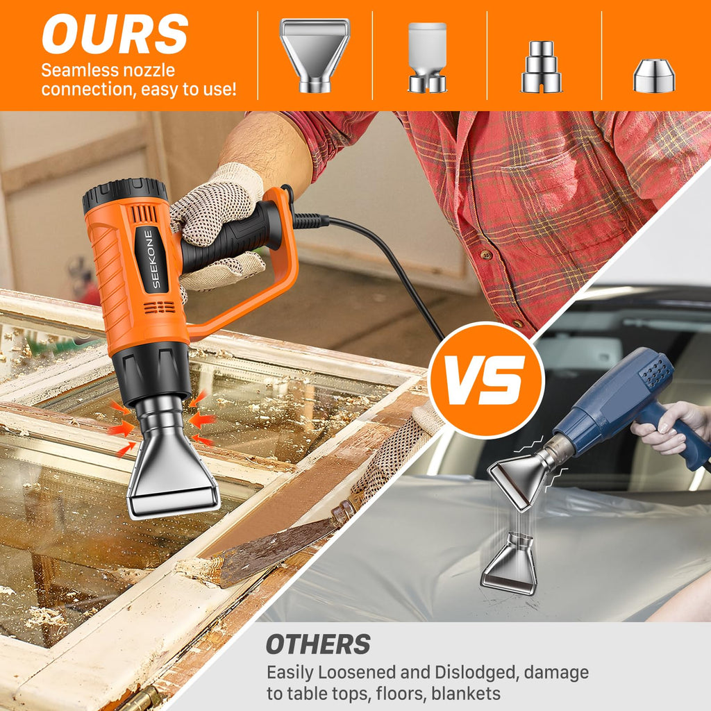 SEEKONE Heat Gun 1800W Heavy Duty Fast Heat Hot Air Gun Kit with 752℉&1112℉（400℃-600℃） Dual-Temperature Settings and 4 Nozzles with Overheat Protection for Crafts, Shrinking PVC, Stripping Paint