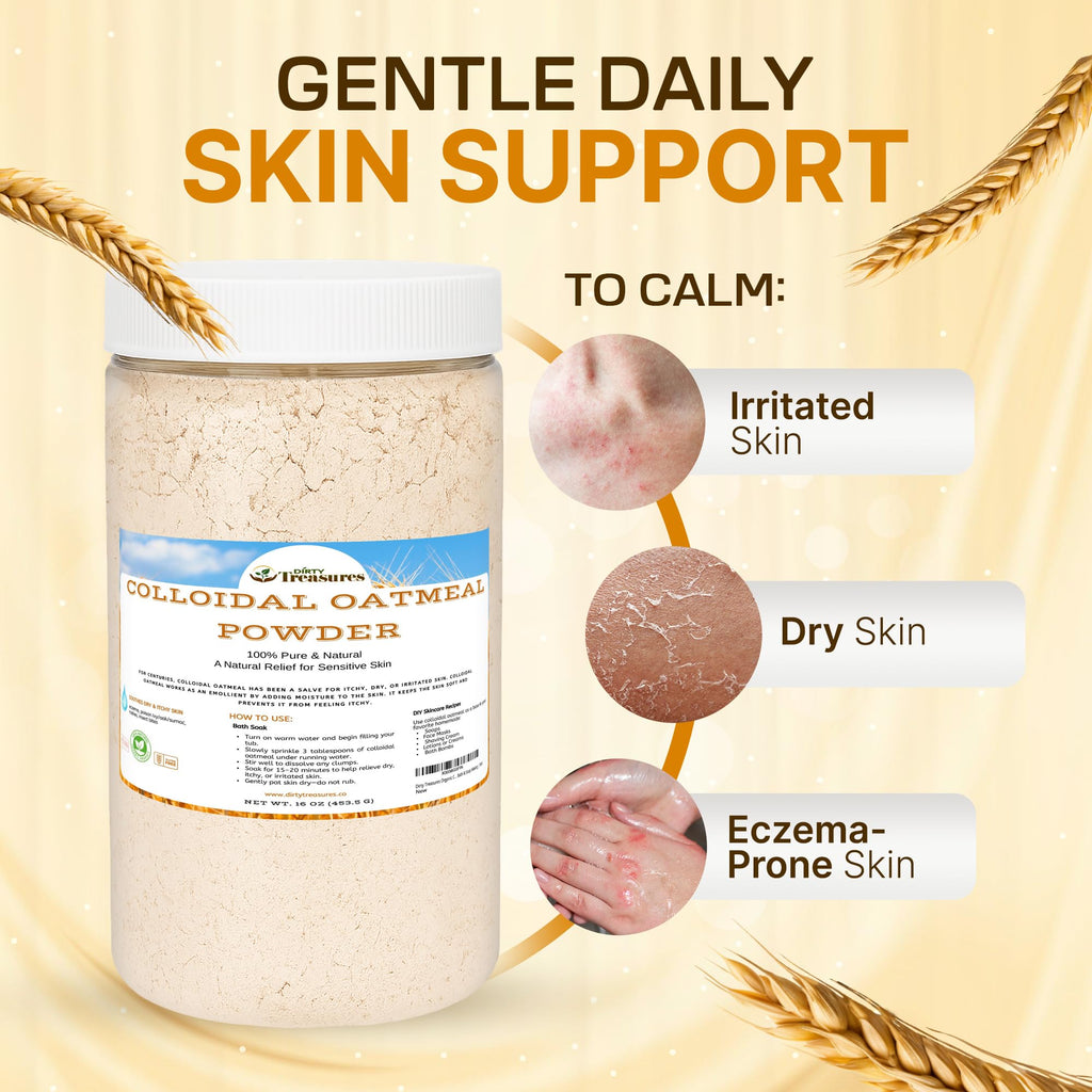 Dirty Treasures Colloidal Oatmeal Bath | Eczema & Itchy Skin Relief | Baby-Safe, 100% Natural, Fragrance-Free | 1 lb (16oz)