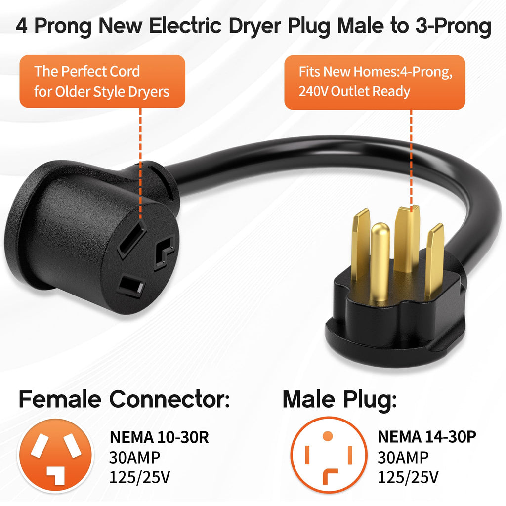 1.5FT 3 Prong to 4 Prong Dryer Adapter, Old Dryer to New House Conversion