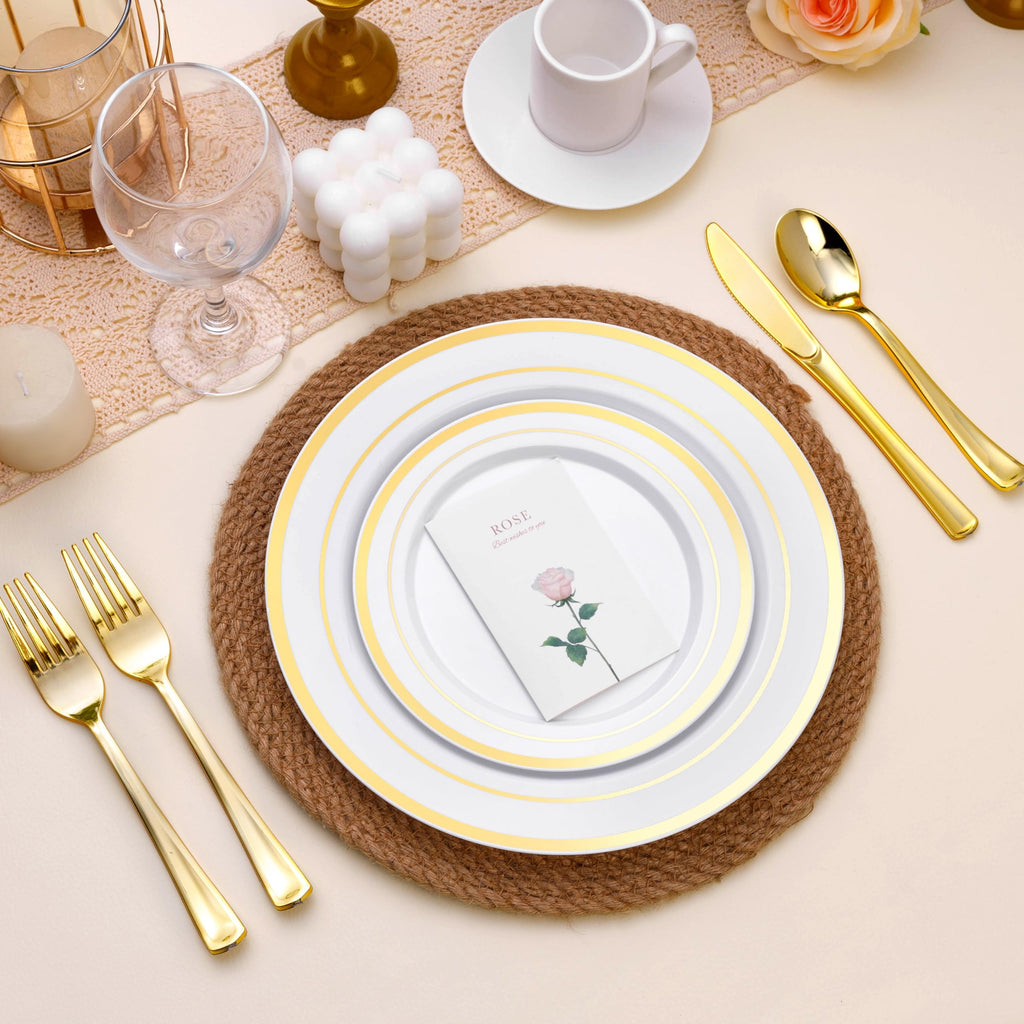 BESTSTAR 100PCS White Plastic Plates for Party, 10.25 Inch Disposable Plates with Gold Rim, Heavy Duty Dinner Plates for Christmas, Thanksgiving, Party, Wedding and Birthday