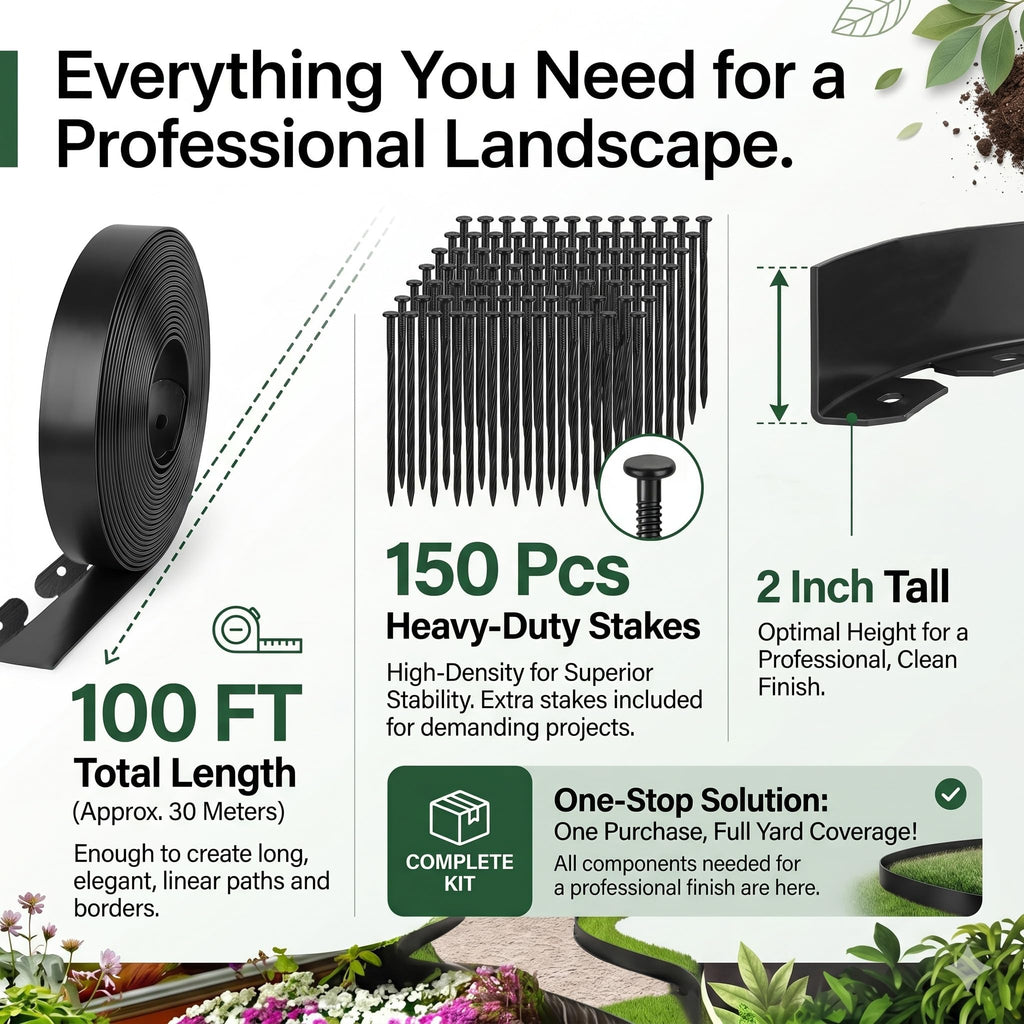 Garden Edging Border/Landscape Edging,100FT 2 Inch Tall Plastic Flexible Lawn Border with 150 Stakes,No Dig Garden Edging Kit for Landscaping,Garden Bed,Yard,Flower Bed,Pathway