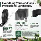 Garden Edging Border/Landscape Edging,100FT 2 Inch Tall Plastic Flexible Lawn Border with 150 Stakes,No Dig Garden Edging Kit for Landscaping,Garden Bed,Yard,Flower Bed,Pathway